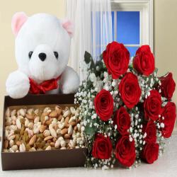 Valentine Flowers with Teddy Soft Toy - Valentine Healthy Combo of Dry Fruits Box and Red Roses with Teddy Bear