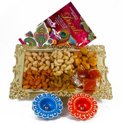 Diwali Greeting Cards - Diwali Card and Mix Dryfruit Tray with 2 Earthen Diyas