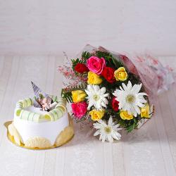 Fathers Day Gift For Father In Law - Awesome Roses and Gerberas Bouquet with Pineapple Cake