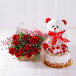 Cakes and Soft Toys - Ten Red Roses with Pineapple cake and Teddy Bear