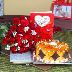 Valentine Flowers with Greeting Cards - Red Roses Bouquet with Love Greeting Card and Butterscotch Cake