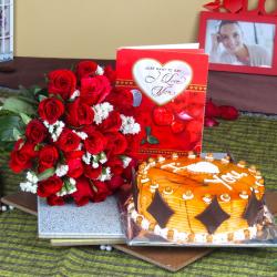 Valentine Flowers with Greeting Cards - Red Roses Bouquet with Love Greeting Card and Butterscotch Cake