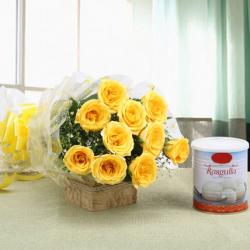 Karwa Chauth - Lovely Bouquet of Ten Yellow Roses with Rasgulla