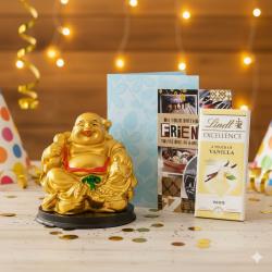 Send Chocolates Gift Laughing Buddha and Lindt Excellence Chocolate with Birthday Card For Friend To Margao