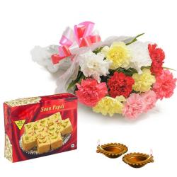 Send Diwali Gift Combo of Diwali Diya with Carnations and Box of Soan Papdi To Eluru