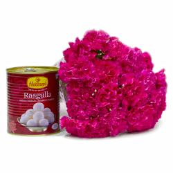 Send Bengali Rasgullas with Bunch of 15 Pink Carnations To Narmada