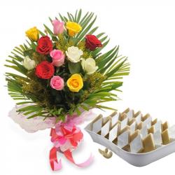 Valentine Flowers with Sweets - Sweet Wishes Hamper of Kaju Sweets with Dozen Roses