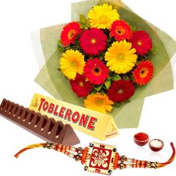 Rakhi With Flowers - Rakhi Gift of Toblerone Chocolate and Bunch of Gerberas