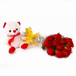 Bunch of Dozen Red Roses with Cuddly Bear