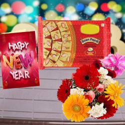 New Year Flower Combos - Soan Papdi Sweet Pack with Mix Flowers Bouquet and New Year Card