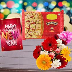 Send New Year Gift Soan Papdi Sweet Pack with Mix Flowers Bouquet and New Year Card To Jalandhar