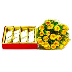 Kaju Katli - Bunch of Yellow Roses with 500 Gms Kaju Barfi