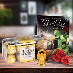 Send Ferrero Rocher Box, Birthday Card with Laughing Buddha To Nilgiris