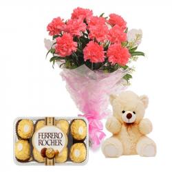 Teddy Love And Perfect Pink Carnations With 16 Pcs Ferrero Rocher Chocolates