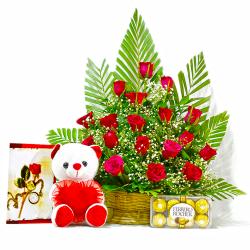 Cakes with Greeting Cards - Red Roses Arrangement with Chocolates, Greeting Card and Sof Toy