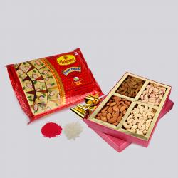 Bhai Dooj Sweets - Bhai Dooj Gift Combo of Assorted Dry Fruits with Soan Papdi