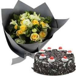 Flowers and Cake for Him - Roses And Black Forest Cake