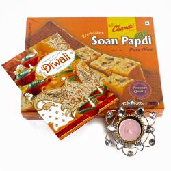 Diwali Sweets - Soan Papdi with Diwali Card and Diya Hamper