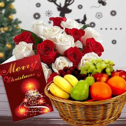 Christmas Express Gifts Delivery - Mix Roses Bouquet with Fruits Basket and Christmas Card
