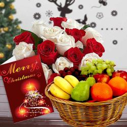 Send Christmas Gift Mix Roses Bouquet with Fruits Basket and Christmas Card To Mangalore