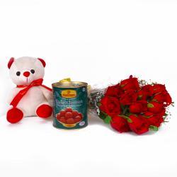 Send Combo of Red Roses and Teddy Bear with Gulab Jamun Sweets To Mumbai