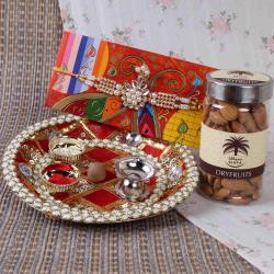 Rakhi With Puja Thali - Traditional Puja Thali with Almonds and Kundan Rakhi