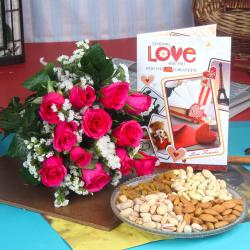Valentine Flowers with Greeting Cards - Pink Roses Bouquet with Assorted Dry fruits and Love Card
