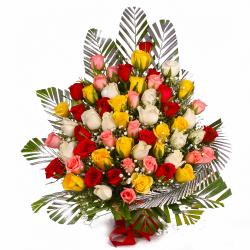 Designer Flowers - Basket Arrangement of 75 Multi Color Roses
