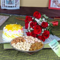 Mothers Day Gifts to Dehradun - Red Roses Bouquet with Pineapple Cake and Assorted Dryfruits