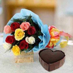 Anniversary Gift Hampers - Heart shape Dark Chocolate Cake with Mix Flowers