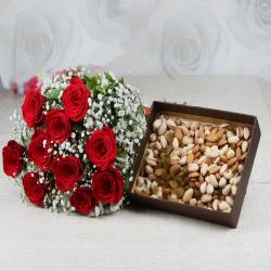 Lohri Gifts - Box of 500 Gms Mix Dryfruits with Bouquet of Red Roses