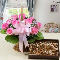 Birthday Gifts for New Born - Roses Arrangement with Assorted Dry Fruits Box
