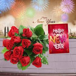 New Year Express Gifts Delivery - Red Roses Bouquet and New Year Card Combo