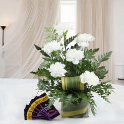 Birthday Gifts for Boy - Combo of Cadbury Dairy Milk Chocolate with White Carnation Arrangement