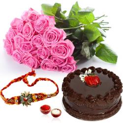 Bhai Bhabhi Rakhis - Pink Roses and Chocolate Cake with Rakhi