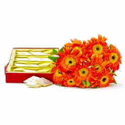 Send Bouquet of Ten Orange Gerberas with Kaju Katli Box To Warangal
