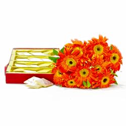 Send Bouquet of Ten Orange Gerberas with Kaju Katli Box To Uttarkashi