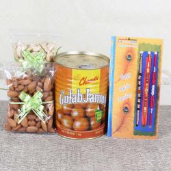 Rakhi Gifts for Brother - Express Delivery of 3 Rakhis with Gulab Jamun and Cashew Almond