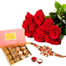 Rakhi With Flowers - Rakhi Gift Pack of Roses with Assorted Sweet