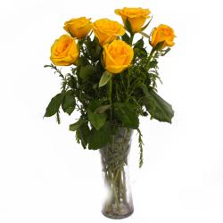Gifts For Friends - Shiny Six Yellow Roses in Vase