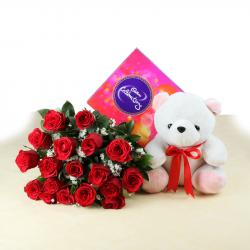 Anniversary Romantic Gift Hampers - Soft Toy with Celebration Chocolates and Red Roses