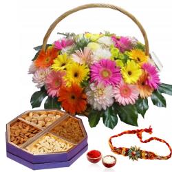 Rakhi With Flowers - Rakhi and Floral Basket with Dry Fruit Box