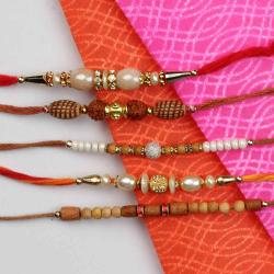 Set Of 5 Rakhis - Set of 5 Pearl and Wooden Beads Rakhis