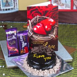 Valentine Flowers with Greeting Cards - Cadbury Dairy Milk Chocolate with Chocolate Cake and Love Card