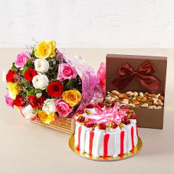 Anniversary Gifts Midnight Delivery - Colorful Roses with Half Kg Strawberry Cake and Assorted Dryfruits Combo