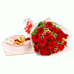 Flowers and Cake for Her - Twenty Red Roses with Strawberry Cake