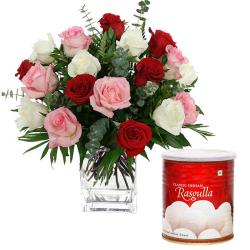 Fathers Day Citywise - Glass Vase of Mix Roses And Rasgulla