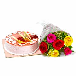 Flowers with Cake - Six Multi Color Roses Bunch with Strawberry Cake