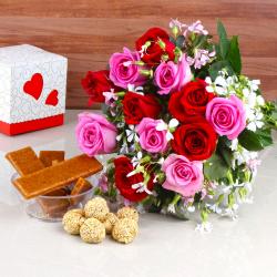 Makar Sankranti - Til Laddu with Coconut Chikki and Dozen Mix Roses Bunch
