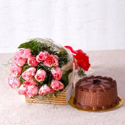 Flower Hampers - Fifteen Pink Roses with Chocolate Cake